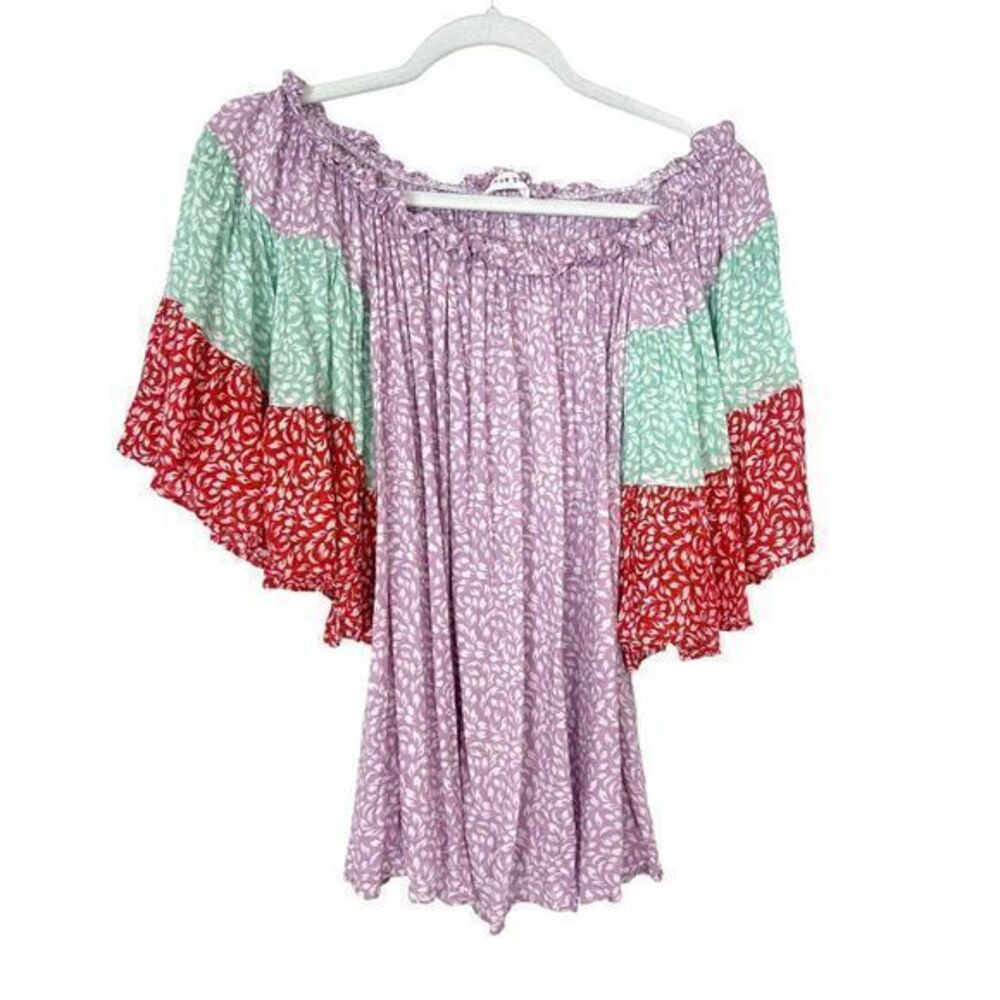 Raw Edge Blouse Small Purple Red Green Patchwork Off The Shoulder Top Boho Flowy